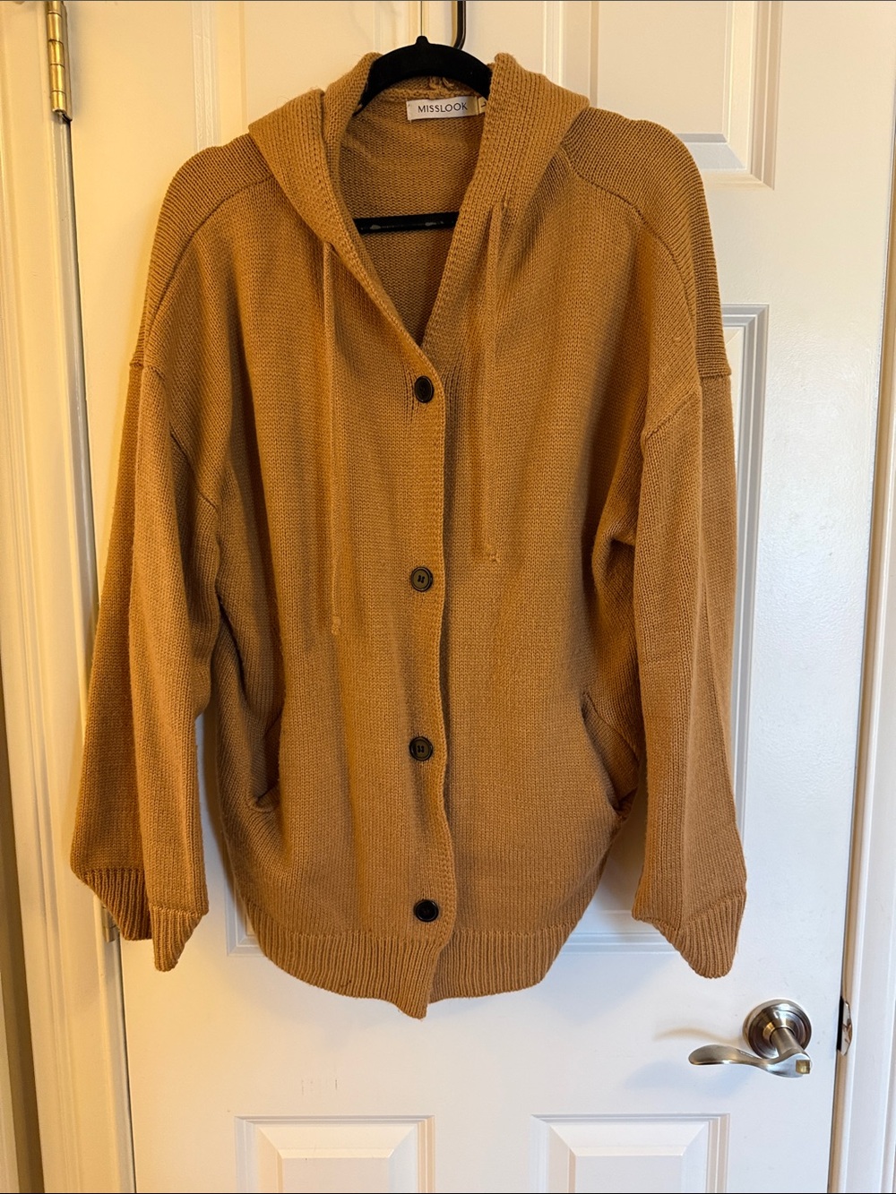 MISSLOOK Camel Hooded Button-Front Knit Cardigan